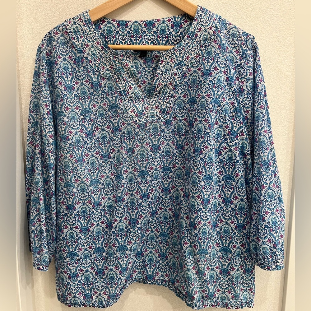 Talbots Blue and White Floral Blouse XL Petite